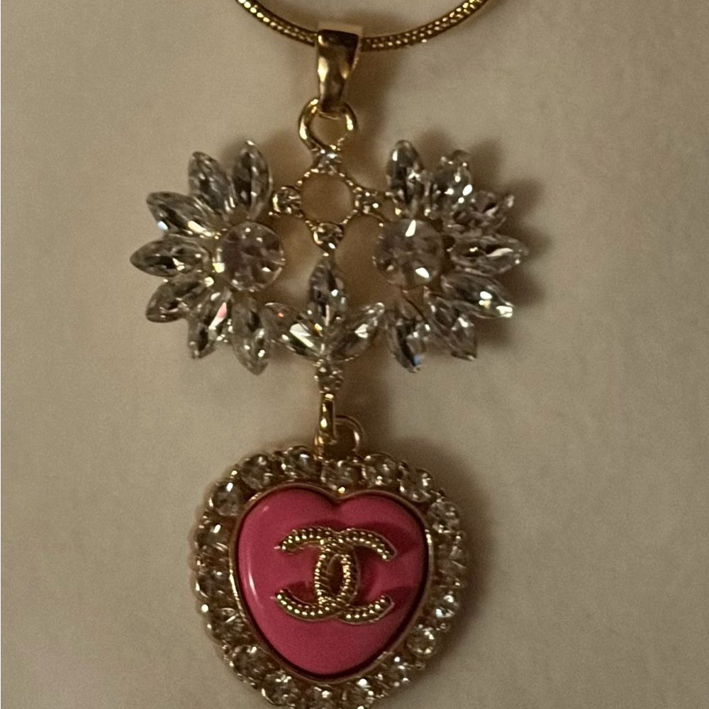 Upcycled Vintage Jewelry with Pink CC Heart Pendant Necklace - Picture 6 of 7